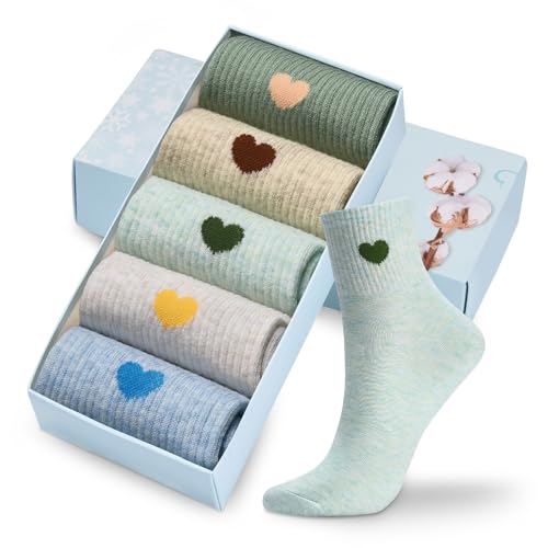 Image of Corlap Women's Cotton Crew Socks - Ankle High Fun Cute Heart Casual Dress Athletic Socks - 5Pairs Gifts for Mother /Her