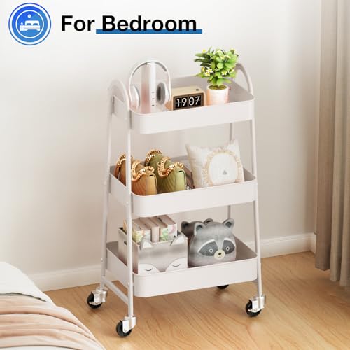 Image of OLIXIS Metal Utility Cart, Mobile Rolling Storage Shelf with Lockable Caster Wheels, Organization for Livingroom, Bathroom & Narrow Places, 3 Tiers White