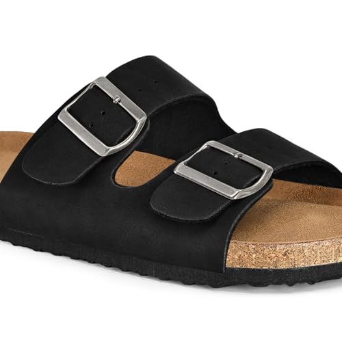 Image of mysoft Womens Flat Sandals Cork Footbed Slides with 2 Straps | Adjustable Buckle Slip On Comfortable Casual Light Weight Summer sandals