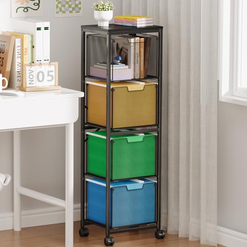 Sbanmao 4 Drawers File Cabinet, Vertical Filing Cabinets, Rolling File Cart, Hanging File Folder Organizer with Wheels, Mobile Printer Stand Utility Craft Cart for Home Office,Black