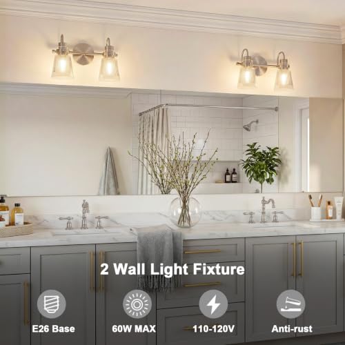 Image of 2-Light Brushed Nickel Bathroom Light Fixtures 13.8 Inch Vanity Lights for Bathroom Lighting Fixtures Over Mirror with Clear Striped Glass Shade for Bedroom Hallway Cabinet Porch