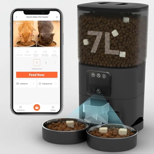 Automatic Food Dispenser for Dogs and Cats with HD Camera - 7L Smart Programmable Feeder with 2 Stainless Steel Bowls