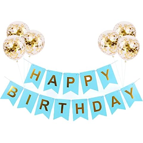 Happy Birthday Banner, Sky Blue Happy Birthday Bunting with 6pcs Gold Confetti Balloons for Boys and Girls Birthday Party Decoration Cover