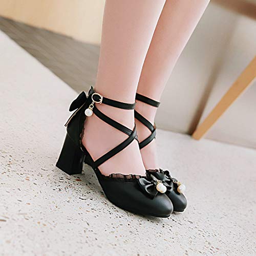 LUXMAX Womens Bow Pumps Cross Strap Block Heel Cute Cosplay Shoes3