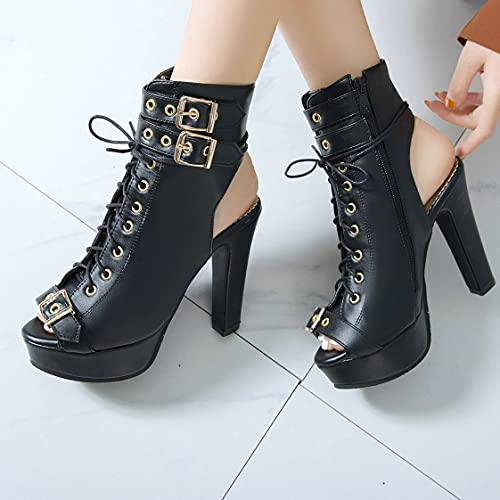 BEAUPAS Women's Lace Up High Heel Platform Ankle Boots Chunky Heel Peep Toe Booties Slingback Buckle Gladiator Sandals4