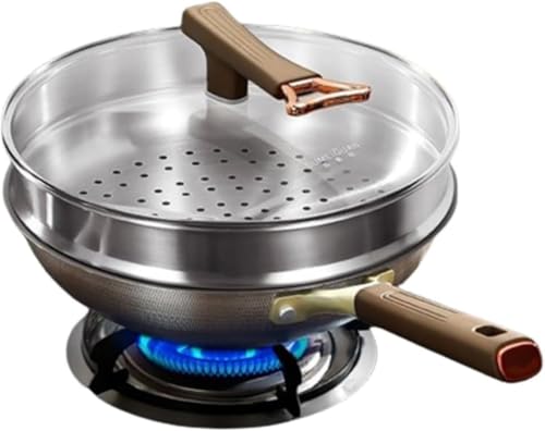 Riazdiw チタン製のフライパンと中華鍋。電磁調理器とガスコンロに適しており、コーティングなし、軽量、高熱効率、食器洗い機対応、お手入れ簡単。 (蒸し器付き,34CM)