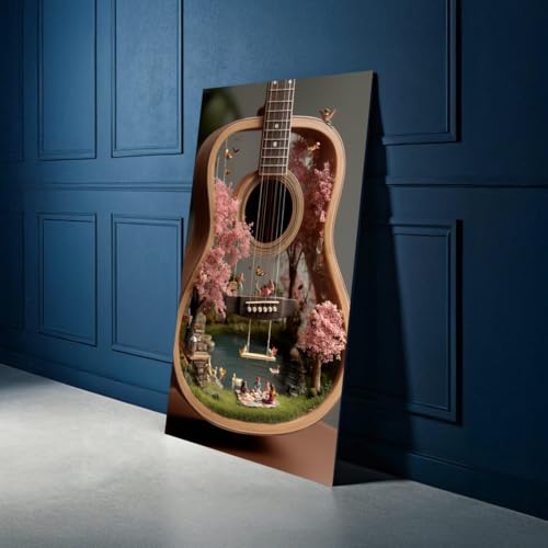 Toile guitare miniature art musical floral rose pour decoration murale salon moderne