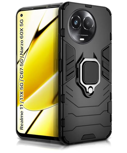 Image of WOW IMAGINE Shock Proof Back Case Mobile Cover for Realme Narzo 60X 5G | 11 5G | 11X 5G | C67 5G | Back Cover Case (Tough Armor | Hybrid PC + TPU | Ring Holder & in-Built Kickstand | Black)
