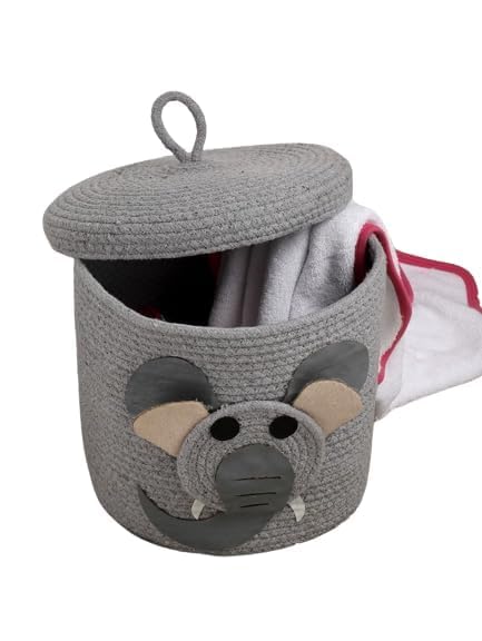 Image of Aroma Brand Kids Lid Baskets With Beautiful Characters - Rope Storage For Baby Diaper, Stuffed Animal Storage Bin Rope For Kids Toy, Baby Laundry Baskets - Grey Elephant