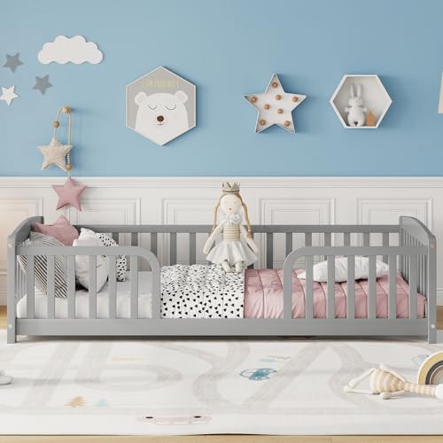 Image of Bellemave Twin Size Montessori Floor Bed Frame with High Fence, Solid Wood Kids Floor Bed with Central Entrance, Low Profile Bed for Boys & Girls, Rounded Corner Design,Gray