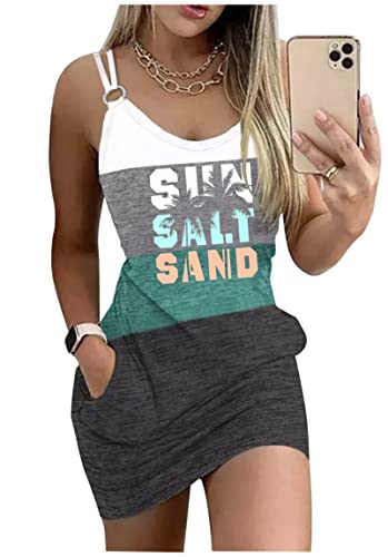 Image of Live Simple Coconut Tree Color Block Pocket Mini Dress Women Summer Beach Sleeveless Strap Tshirt