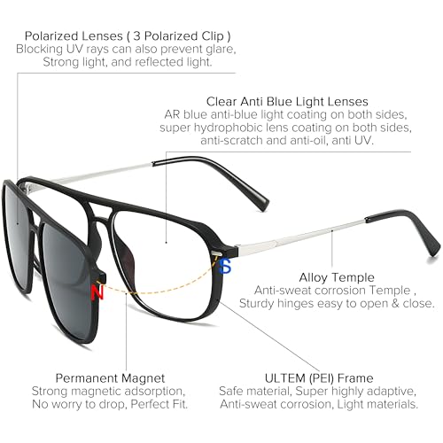 Image of Computer Blue Light Blocking Gaming Glasses Men Polarized Magnetic Clip on Sunglasses for Eyeglasses UV Protection