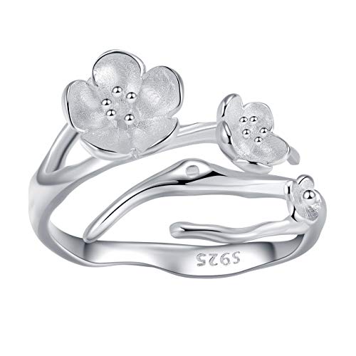 qanyue 925 Sterling Silver Cherry Blossoms Rings for Women Sakura Flower Open Tail Rings Party Knuckle Ring 6-10