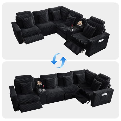 Image of RARZOE Oversized Modular Sectional Sofa with 2 Power Recliner, 5-Seater L-Shaped Corduroy Reclining Sofa with Storage Console Charging Cup Holders, Fluffy Power Reclining Couches for Living Room,Black