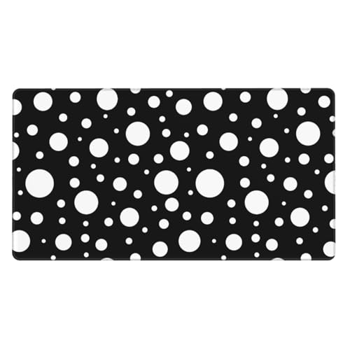 Grand tapis de souris de jeu noir et blanc à pois avec base caoutchouc pour bureau
