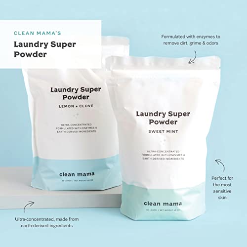 Clean Mama Laundry Super Powder Detergent - Extra Strength Laundry Detergent Powder - Natural Laundry Detergent For Sensitive Skin - Enzyme Powered, Fights Stains & Odors - Sweet Mint, 60 Loads #TOP2