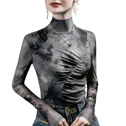 Women's Turtleneck Thermal Long Sleeve T-Shirt - Mesh Panel Slimming Fall Tops, Casual Basic Layering Shirt (S-3XL) (Black,Medium)