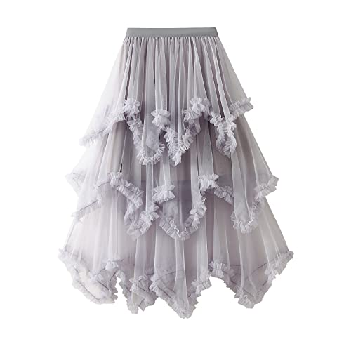 Women Layered Tulle Long Skirt High Waist Ruffle Midi Skirt Casual Cocktail Party A-Line Mesh Midi Skirt
