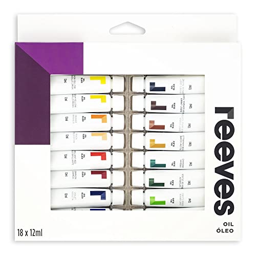 Reeves Oil Paint Set - Highly Pigmented Oil-Based Colour Paints for Artists - Rich Texture, Non-Toxic - Art Supplies for Beginners & Advanced, For Adults & Kids - 18 x 12ml Pack, Various Colours