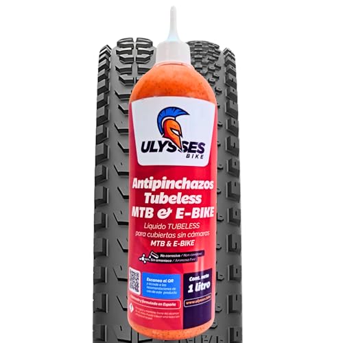 Ulysses Bike Liquido tubeless MTB y E-Bike 1L | Liquido Antipinchazos Bicicleta sin amoniaco | Sellador Repara Pinchazos Bicicleta | Kit Reparacion Neumaticos | Gel Antipinchazos para Jeringa Tubeless