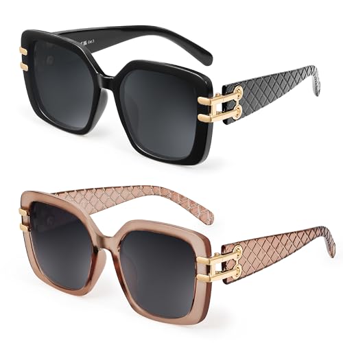 JM 2er Pack Vintage Oversized Square polarisierte Sonnenbrille für Frauen，Retro Luxus Große Sonnenbrille UV400 (Schwarz&Braun)