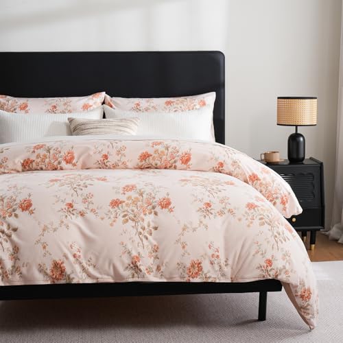 Zusbest Duvet Cover King Size Flannel-Like for Extra Soft 100% Cotton Reversible Orange Floral Shabby Vintage Bedding Set Flower Print Bed Cover Luxury Zipper Comforter Cover Set 3 Pcs- No Filling