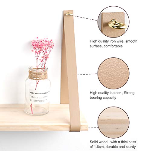 Yoyai Leather Strap Wood Floating Wall Shelf Wooden Shleves Wall Organizer Wall Mount Shelf Home Decor Kitchen Living Room Bedroom（Beige Set Of 2） #TOP3