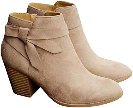 PiePieBuy Women's Tie Knot Chelsea Pump Ankle Boots Closed Toe Stacked Heel Booties Shoes