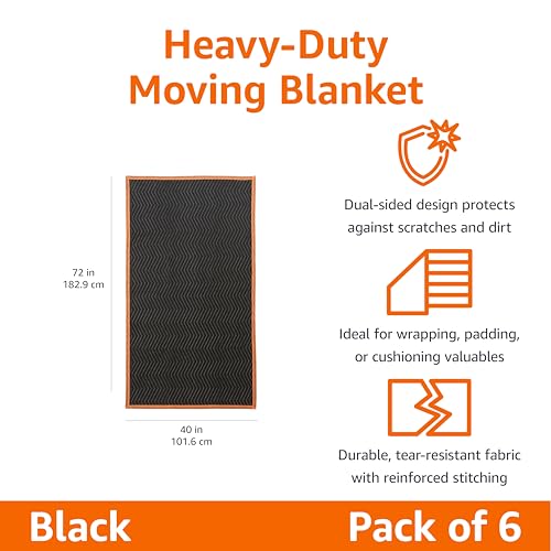Image of Amazon Basics Reinforced Tear-Resistant Moving Blankets, 72 inch x 40 inch, Black, 6-Pack