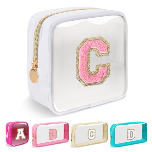 Mini Clear Personalized Initial Makeup Bag,Nylon Preppy A-Z Chenille Letter Patch Zipper Cosmetic Bag, Small Cute Beach Pouch Travel Purse Sanitary Napkin Storage Bag for Women Girls(White-Pink C)