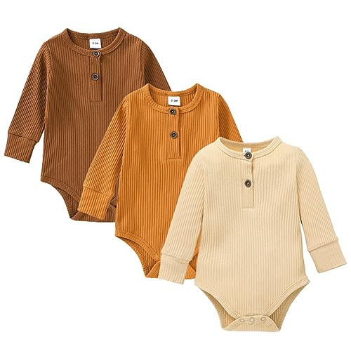 Image of SUITBOY Baby Boy Ribbed Bodysuit Long Sleeve Solid Romper Newborn One Piece Jumpsuit Baby Ribbed Clothes/Outfits 0-18 Months(Long Sleeve-Apricot+Coffee+Yellow,6-12M)