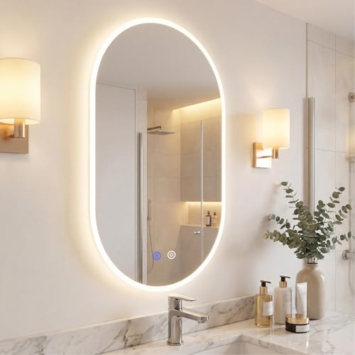 COSTWAY Specchio da Bagno con Luce 80 x 50 cm, Specchio Ovale da Parete Infrangibile con 3 Colori Dimmerabile, Antiappannamento e Vetro Temperato IP44, Orizzontale/Verticale (80 x 50 cm, Modello 3)