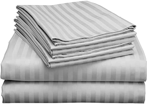 Queen Size Sheet Set - 6 Piece Set - 400-Thread-Count 100% Egyptian Cotton Bed Sheets - Deep Pockets - Easy Fit - Bed Sheets Queen Size Set - Light Grey Stripe Bed Sheets - Queens Sheets - 6 PC