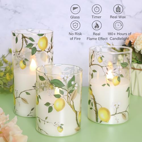Image of Flameless LED Candles with Remote Lemon Decal Glass Flickering Battery Operated Candles for Home Room Party Wedding Holiday Christmas Valentine's Day Decor - Set of 3