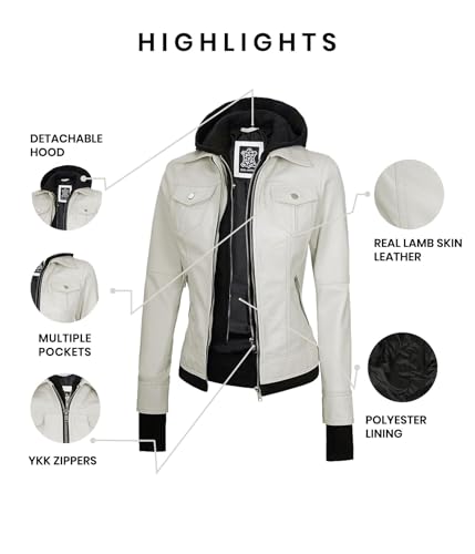 Image of Womens Leather Jacket with Detachable Hood - Real Lambskin Bomber Jacket Thumbholes Women