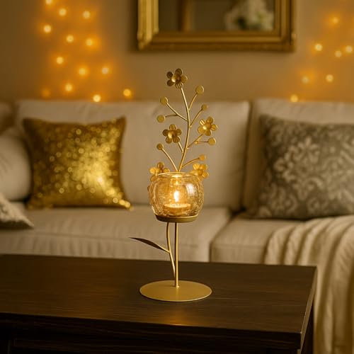Image of MARKET 99 Metal+Glass Single Votive T Light Holder | Elegant Home Decor for Diwali, Christmas, Birthday, and Wedding | Decorative Candle Holder for Ideal for Festive & Ambient Lighting | Golden