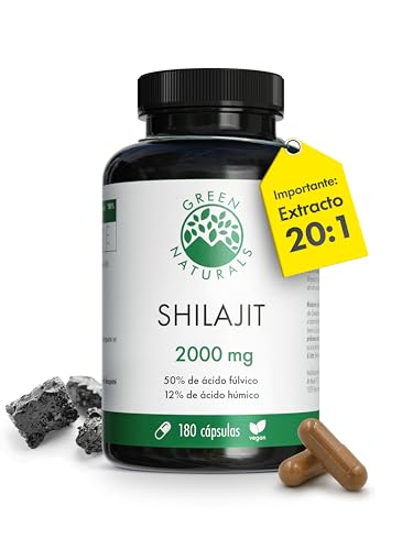 Shilajit 40.000 mg (extracto 20:1) – Cápsulas originales del Himalaya con un 50% de ácido fúlvico y un 12% de ácido húmico – 180 cápsulas (3 meses) – Green Naturals®