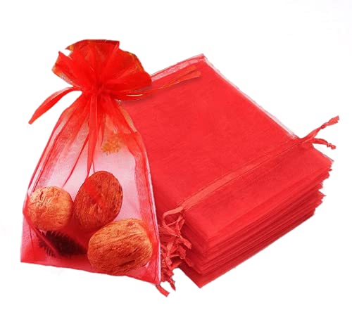 100 Sacs Organza Sachets, Pochettes Cadeau en Organza, sachets en organza, pochette à bijoux, sachets de mariage, sachets de lavande, Organza Gift Bags Maille Pochettes Cadeau Sacs À Cordon(rouge)