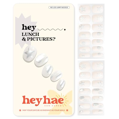 Heyhae Semi Cured Gel Nail Strips | No LED Lamp Needed | Glitter, White, Spring | Easy Apply & Remove, Salon Quality |Includes 28 Strips, 1 Prep Pads, Nail File & Wooden stick - Hey, Lunch & Pictures?