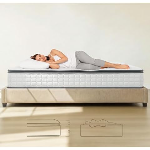 Vesgantti Queen Mattresses, 10 Inch Hybrid Pillow Top Queen Size Mattress in a Box, Memory Foam Pocket Coils Innerspring Mattresses, Fiberglass Free, Pressure Relief, Medium Firm Plush Feel Cover