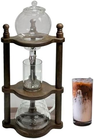 Commercial Cold Brew Drip Tower with Adjustable Water Flow, Retro Manual Iced Coffee Maker, Glass Container Wood Stand