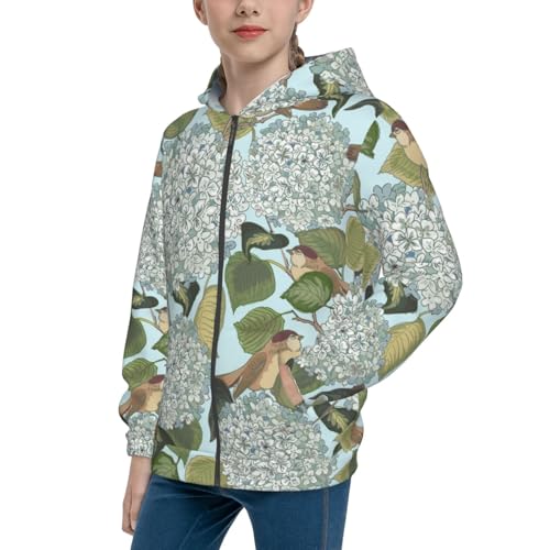 Hydrangea and Small Bird Kids Pullover Hoodies Boys Zip Up Sweatshirts Girls Athletic Clothes with Pocket