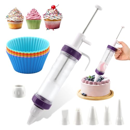 Dessert Decorating Sy-ringe Set, Icing Dispenser Tool with 5 Icing Nozzles,2 Connector Rings,8 Cake Baking Cups,Cake Decorating Gun for Frosting Cream to Make Cupcakes