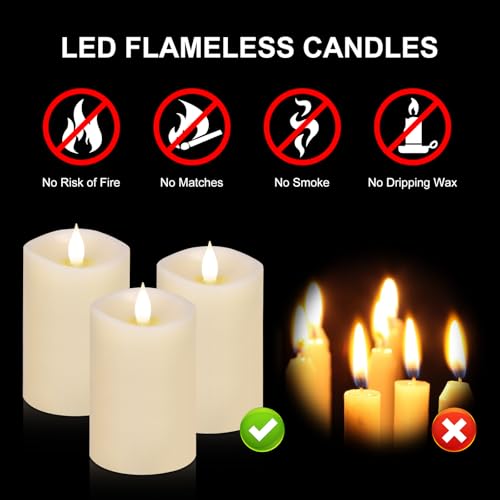 Image of 3PCS, 3 x 5 inches Flameless Candle with Remote Control, 3D Flickering Wick, Real Wax, Battery Candles,with Timer,Battery Powered Candles,for Holiday Home Decor,Ivory