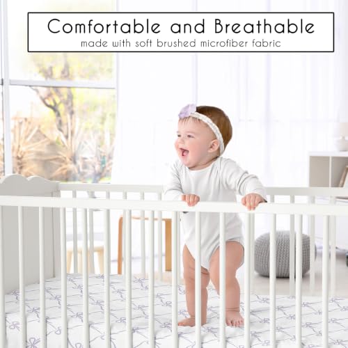 Image of Sweet Jojo Designs 4-Piece Baby Crib Bedding Set (Purple Bows) for Girls, Infants /Nursery incl. Blanket, Fitted Sheet, Skirt, Diaper Stacker (Princess Lavender Bow Vintage Coquette Aesthetic, Elegant)