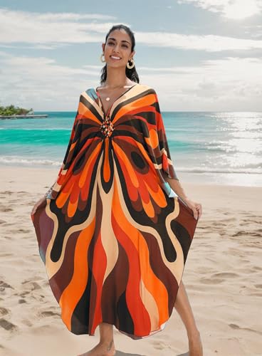 Image of Yanziliu Kaftan Dress for Women,Plus Size Hawaiian Batwing Sleeve Beach Cover Up Summer Swimsuit Dresses