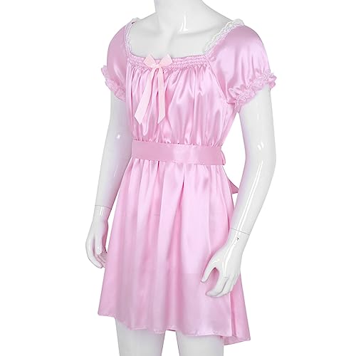 Men's Girly Nightdress Shiny Satin Lingerie Puff Sleeve Dress Sissy Cross Dresser Nightwear2