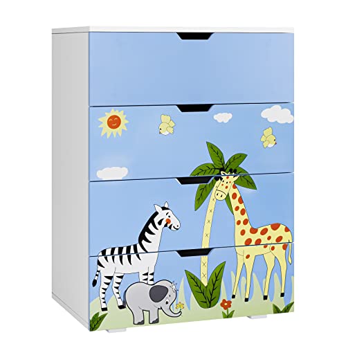 FOREHILL Commode pour Enfants 4 Tiroirs Meuble Rangement Jouet Armoire en Bois avec Motif Girafe Meuble pour Chambre d'enfant 60 x 40 x 83,5cm