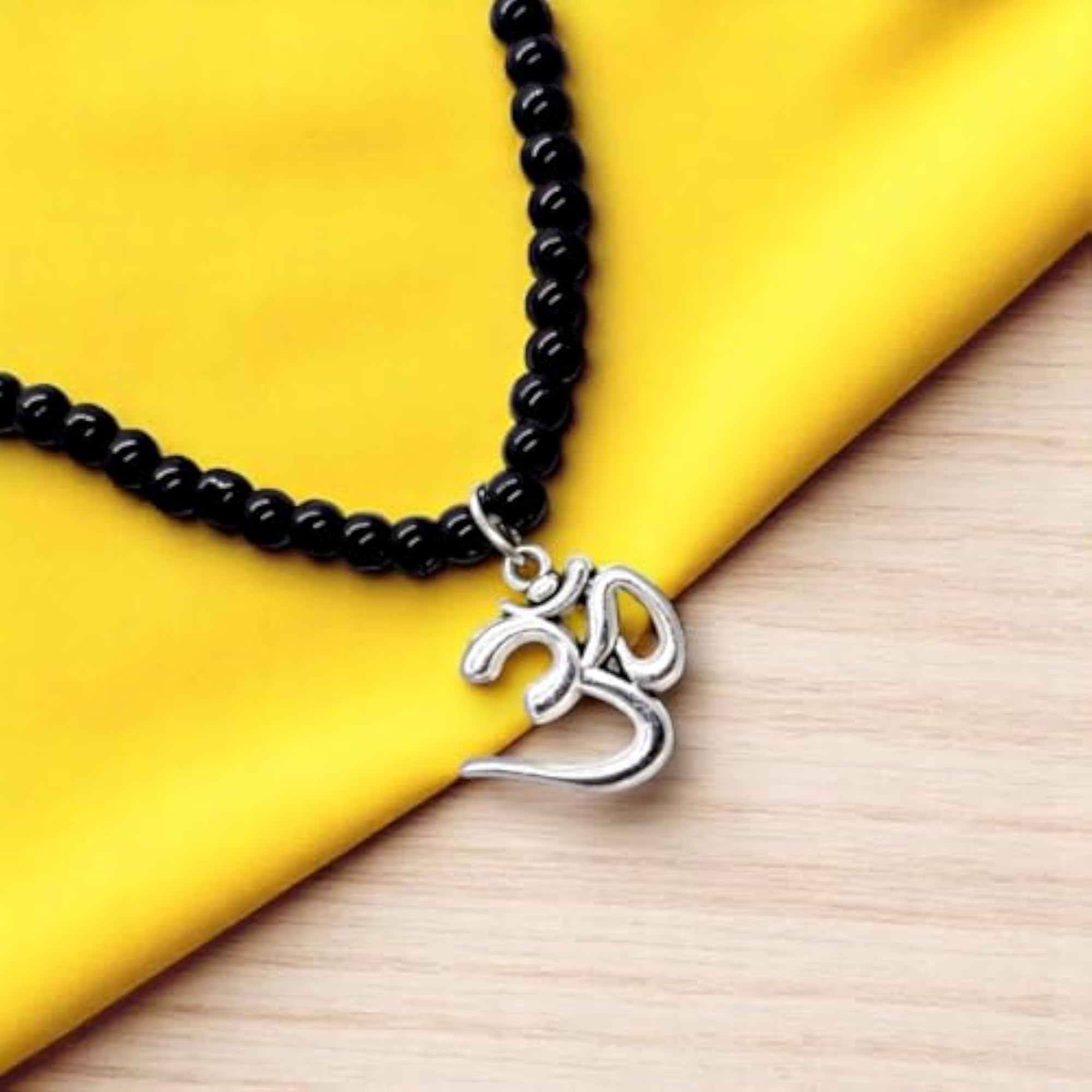 Om Locket Pendant with Black Moti Mala & Hand Beads Bracelet
