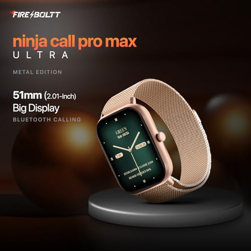 Image of Fire-Boltt Ninja Call Pro Max Ultra Bluetooth Calling Smart Watch, 2.01 inch HD Display, 120+ Sports Modes, Health Suite, AI Voice Assistance, SpO2 Smartwatch for Men & Women - Gold Link